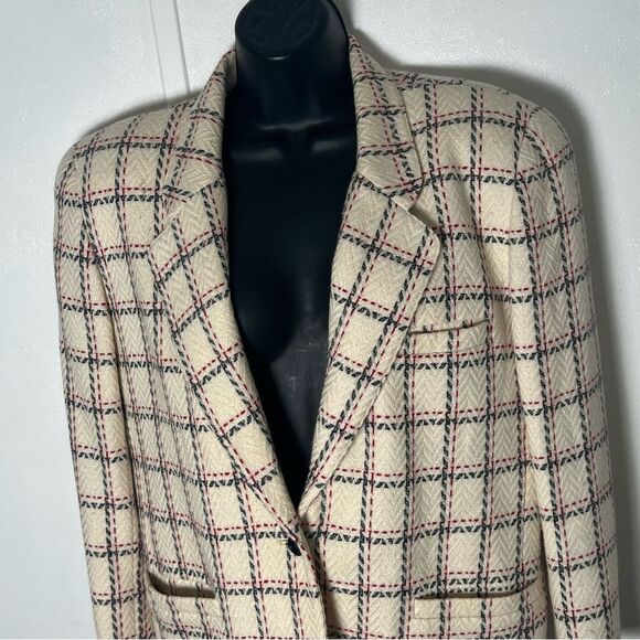 Vtg 90s Plaid Windowpane Blazer Academia Classic Ivory Navy blue Red 12 L - Picture 5 of 15